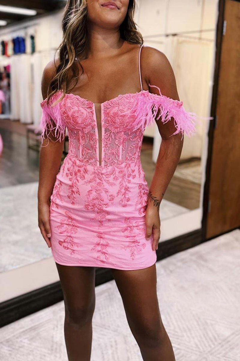 Detachable Off-the-Shoulder Feathers Appliques Sexy Fitted Homecoming Dress