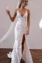 Elegant Mermaid V Neck Lace Boho Wedding Dresses with Slit