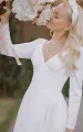 Elegant V-neck Satin A-line Long Sleeve Wedding Dress With Pleats(Diamond White,2)