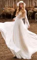 Calista | A-Line Boho Lace Wedding Dress with Sleeves Plunging Neckline Sweep Train(White-Nude,2)