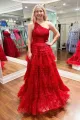 Sparkly Red One Shoulde Ruffle Tulle A-Line Long Prom Dresses