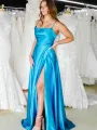 Araya |A Line Cowl Neck Satin Prom Dress With Slit(Blue,2)