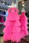 Sue | Hot Pink Off-Shoulder A-line Tulle Layers Applique Hi-Low Prom Dress