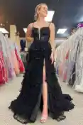 Abbie | Straps Black Mesh Cutout Sequined Layered Long Prom Dress(Black,2)