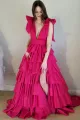 Renee | Plunging V-Neck Fuchsia Bow Straps Ruffle Ball Gown