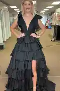 Renee | Plunging V-Neck Fuchsia Bow Straps Ruffle Ball Gown(Black,2)