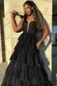Thelma | Light Blue Tulle Appliques Tying Strap Ruffle Tiered Long Prom Dress(Black,2)