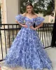 Sydney |A Line Off The Shoulder Floral Tulle Prom Dress(Blue,2)