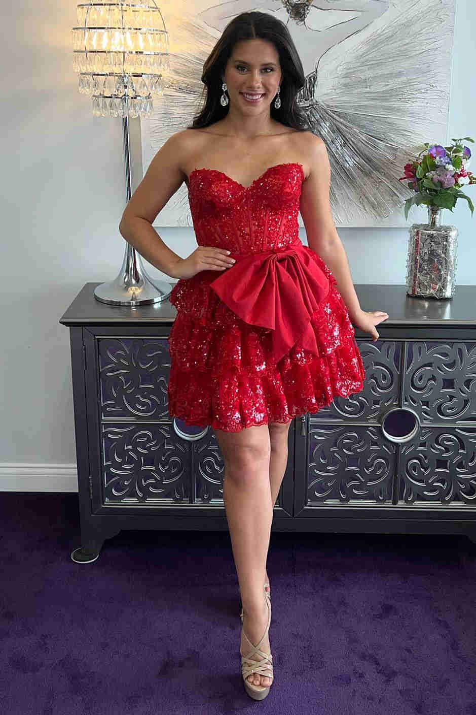 Maylin | Red Corset Sequin Appliques Short Party Dress with Bow