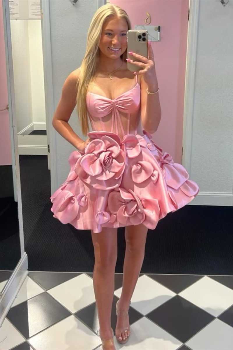 Pink Strapless A-Line Corset Short Homecoming Dress With 3D Flowers