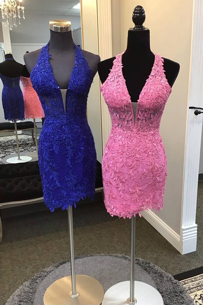 Cierra | Fitted Halter Appliques Short Homecoming Dress