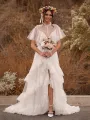 High Split A-Line See-through Short Sleeves Ruffle Tulle Wedding Dresses