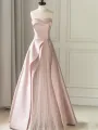 Sleeveless Satin A-Line Floor-Length Evening Gown Slit with Tulle Strapless Prom Dress(Pink,2)