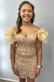 Bodycon Off-the-Shoulder Blue Iridescent Sequin Short Homecoming Dress(Champagne,2)