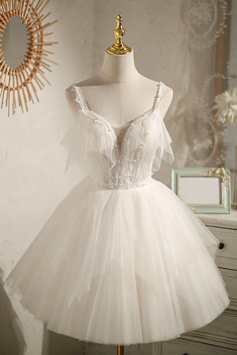 Earla | Ivory V Neck Spaghetti Straps Beading Short Homecoming Dresses