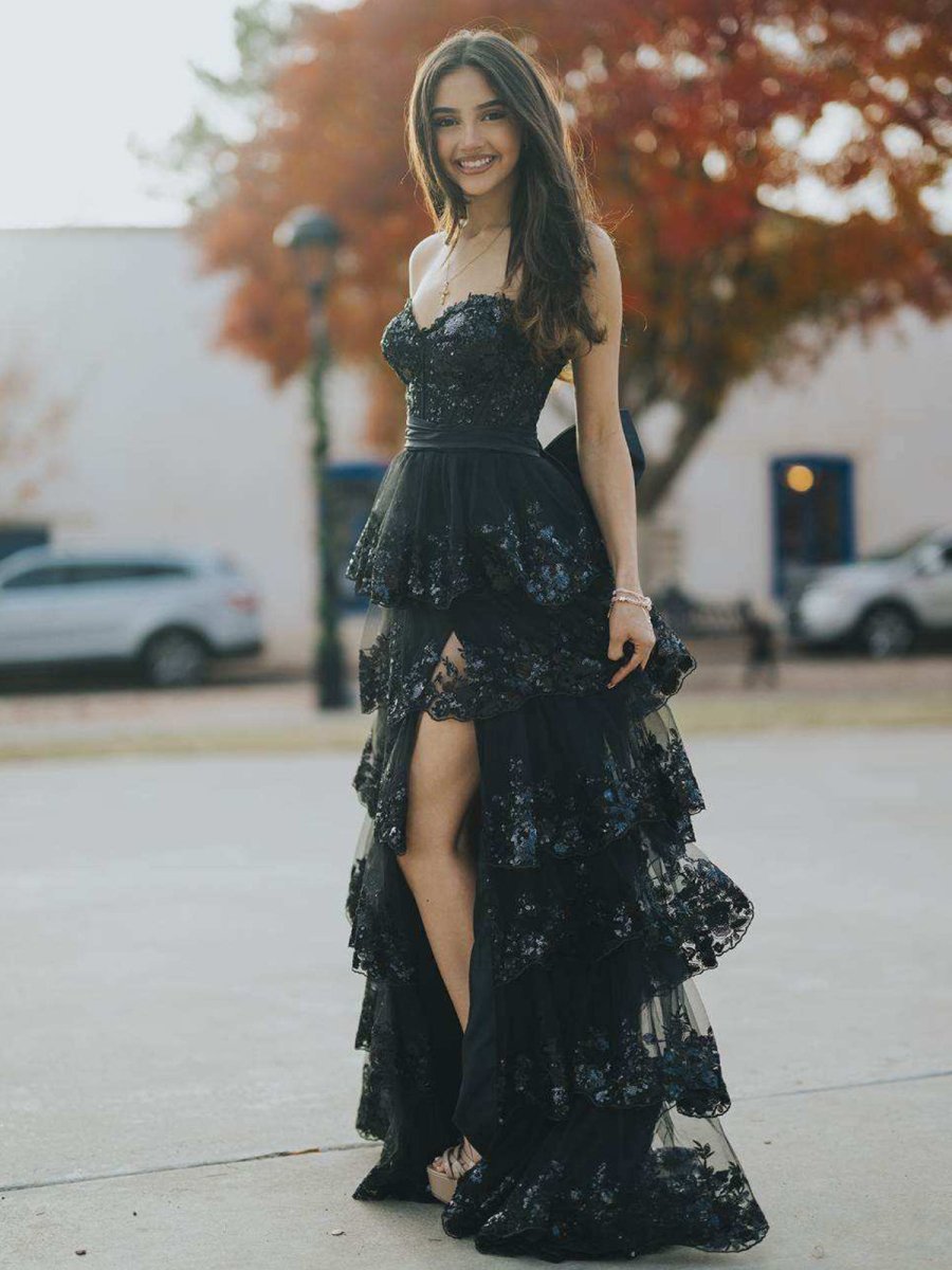 Jonjay | A-Line Sweetheart Sequin Ruffles Long Prom Dresses with Bow