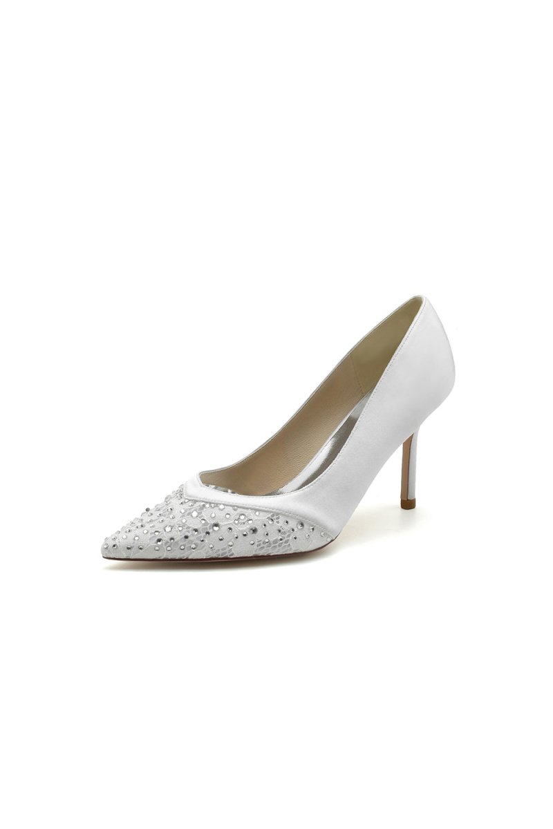 Lace Pointed Toe Beaded Satin Wedding Shoes