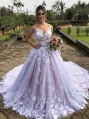 Melania | Light Purple Sleeveless A Line V-Neck Lace Wedding Dresses