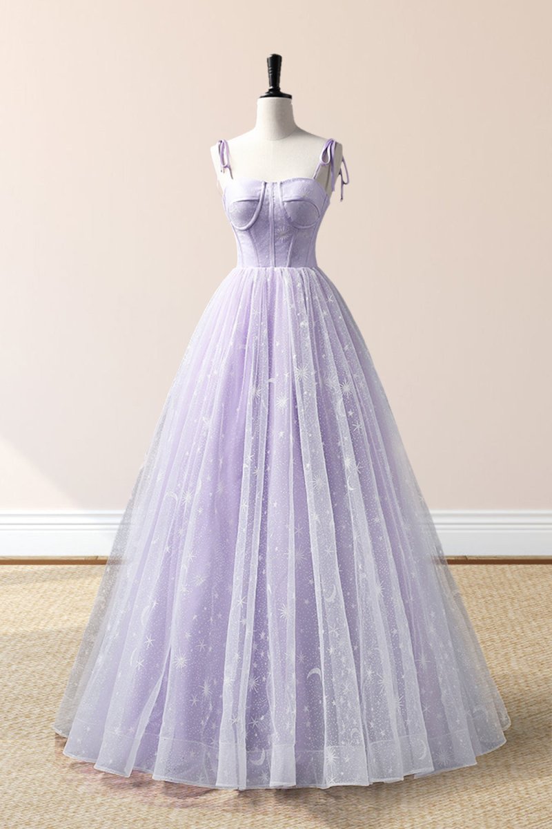 Janelle | Lavender Tulle Straps Floor Length Evening Dress. Lavender A-Line Prom Dress
