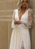 Long Sleeve Boho Flowy Wedding Dress Lace A-Line V-Neck Beach Gown with Split Front and Sweep Train(Diamond White,2)