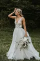 Marvelous V-neck A-Line Wedding Dress Tulle Appliques Rustic Wedding Dress