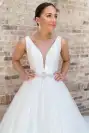 White V-Neck A-Line Long Wedding Dress with Sashes(Diamond White,2)