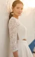 Modern Two Piece Floor-length 3/4 Length Sleeve Lace Jewel Wedding Dress with Ruching(Diamond White,2)