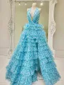 Nimue | Pink Halter Tulle Printed Ruffle Tiered A Line Prom Dresses(Blue,2)