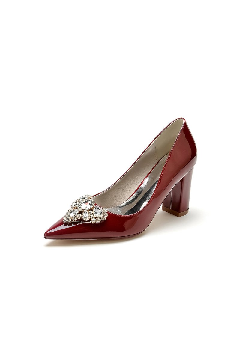 Burgundy High Heels with Gemstone-Adorned Golden Buckle