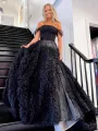 Odelia | Gorgeous A Line Off the Shoulder Long Tulle Prom Dress with Slit(Black,2)