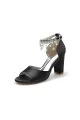 Open Toe Pearl Tassel Satin Chunky Heels(Black,US6)