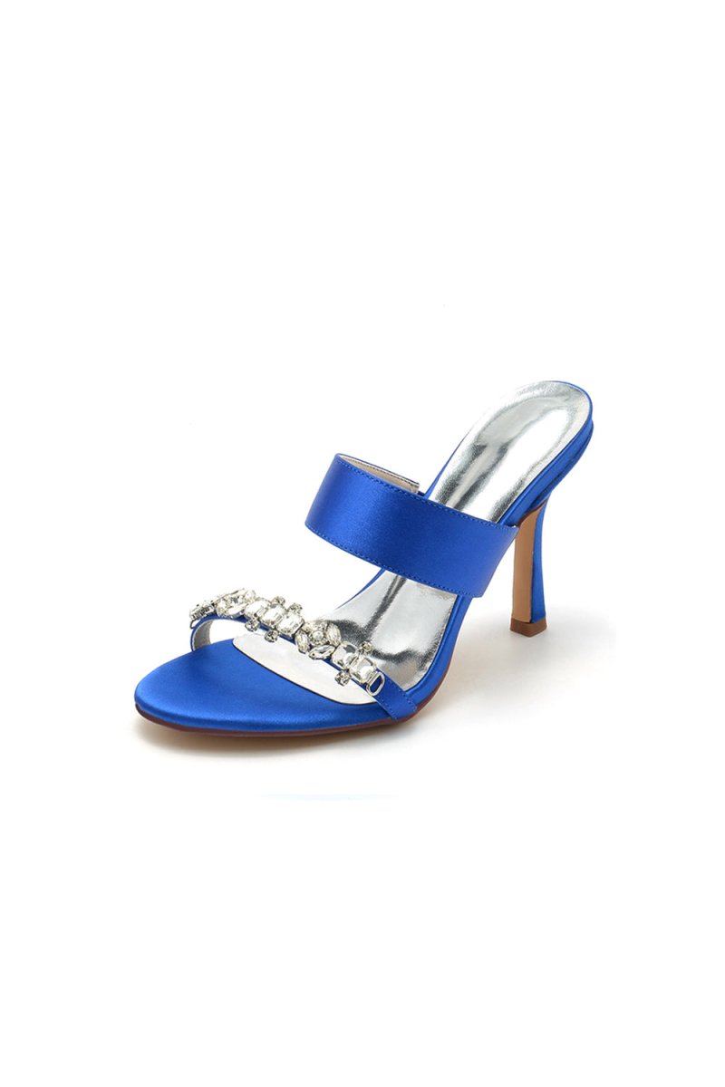 Open Toe Satin Strap Slip On High Heels With Rhinestone