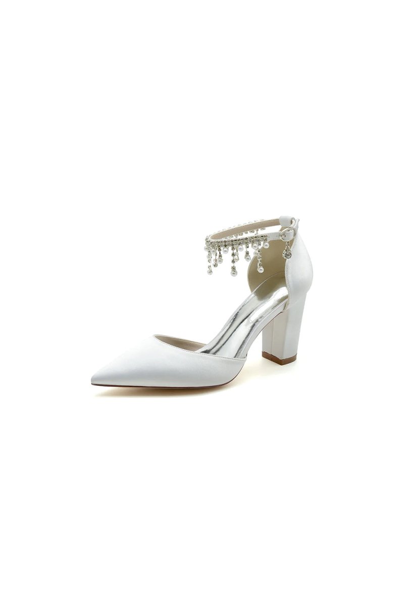 Pearl Beaded Pointed Toe Ankle Strap Chunky Heel