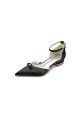 Pearl Bow Buckle Strap Pointed Toe Flats(Black,US6)