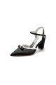 Pearl Pointed Toe Ankle Strap Chunky Heels With Bow(Black,US5)