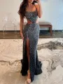 Petra | Red Spaghetti Straps Cutout Beaded Mermaid Long Dress With Split(Black,2)