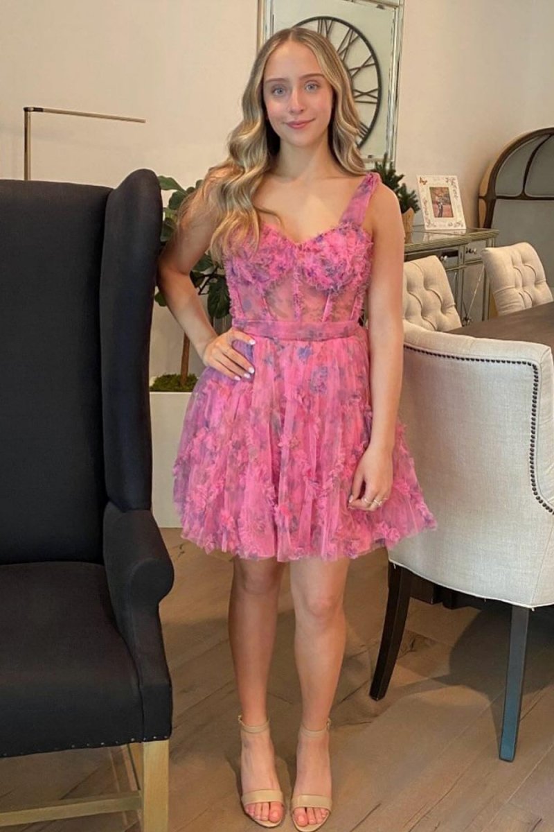 Ailova | Fuchsia  Floral Printed Spaghetti Straps A-Line Short Homecoming Dress