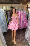Pink Strapless A-Line Corset Short Homecoming Dress With 3D Flowers(Pink,2)