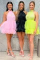 Pink Tulle Halter Short Homecoming Dress with Ruffles