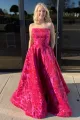Pixie | Cute A Line Strapless Red Jacquard Satin Prom Dress