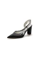 Pointed Toe Beaded Slip-on Satin Chunky Heels(Black,US5)