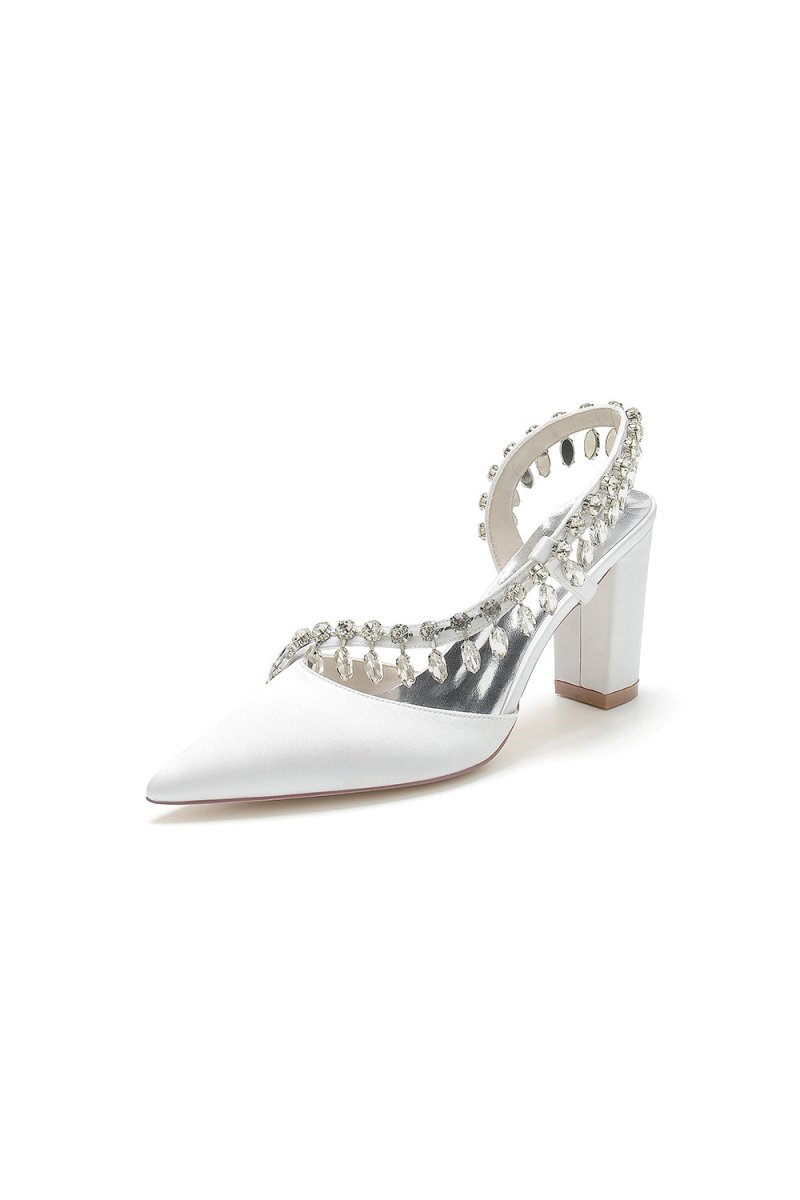 Pointed Toe Beaded Slip-on Satin Chunky Heels
