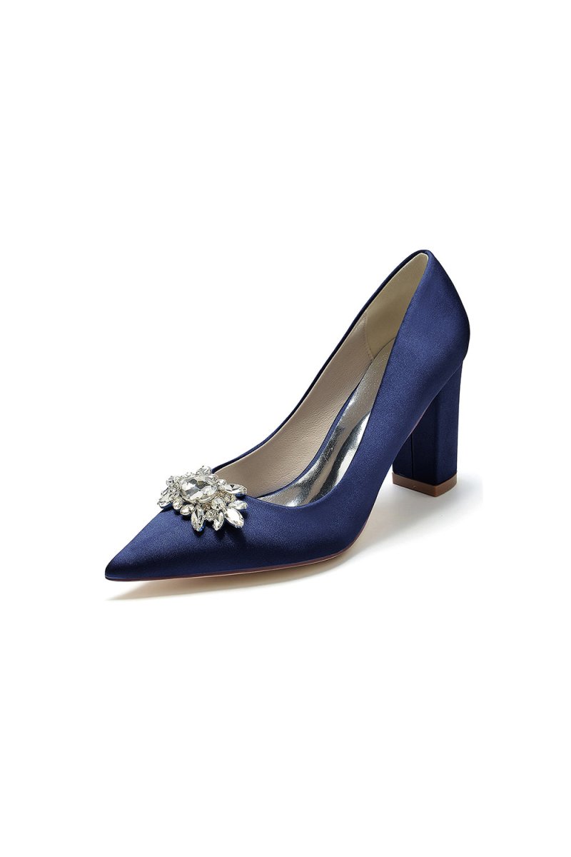 Pointed Toe Chunky Heels with Rhinestone