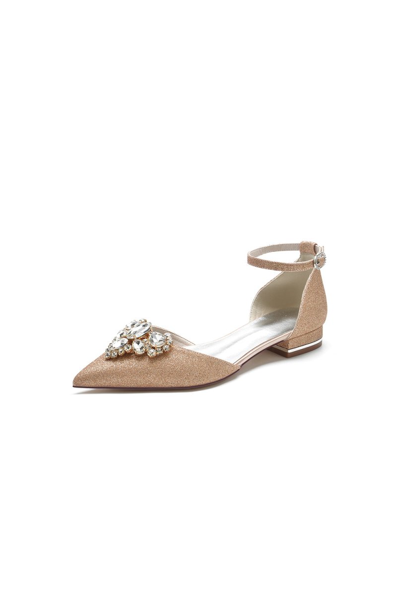 Pointed Toe Glitter Ankle Strap Low Heels With Rhinestone