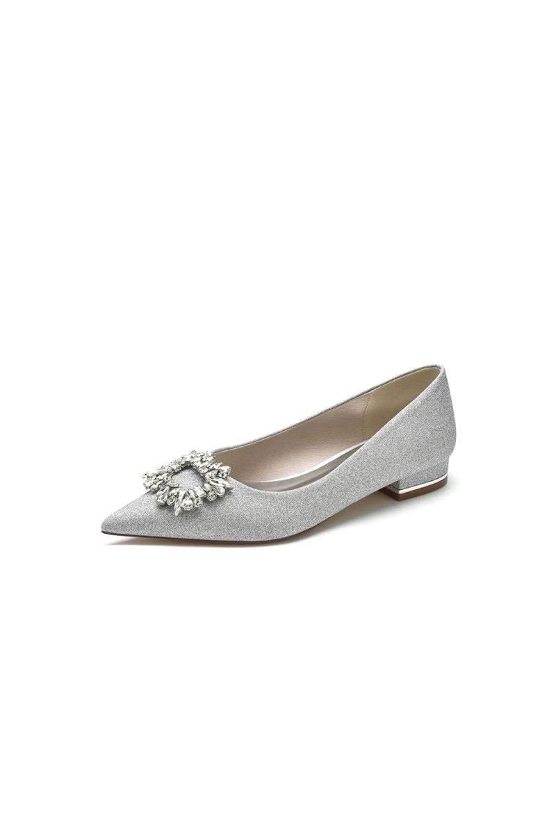 Pointed Toe Glitter Wedding Low Heels With Rhinestone