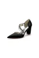 Pointed Toe Rhinestone Tassel Strappy Chunky Heels(Black,US5)