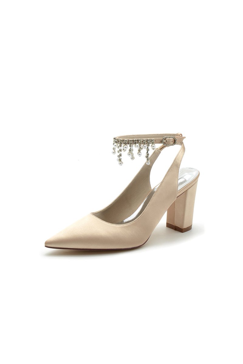 Pointed Toe Satin Chunky Heels With Pearl Tassel