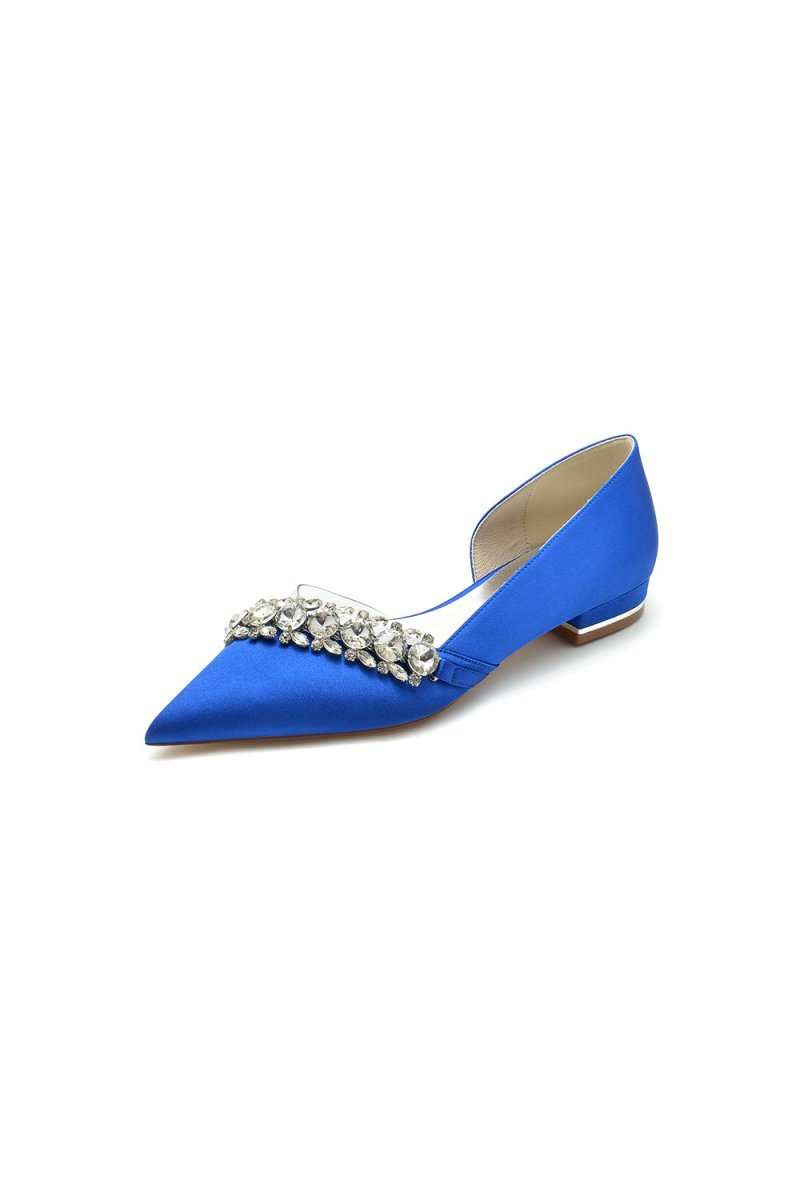Pointed Toe Slip-on Satin Low Heels With Rhinestone
