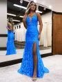 Raddix | Mermaid Deep V Neck Blue Sequins Lace Long Prom Dresses with Slit(Blue,2)
