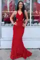 Red Mermaid V Neck Sequins Backless Long Prom Dress